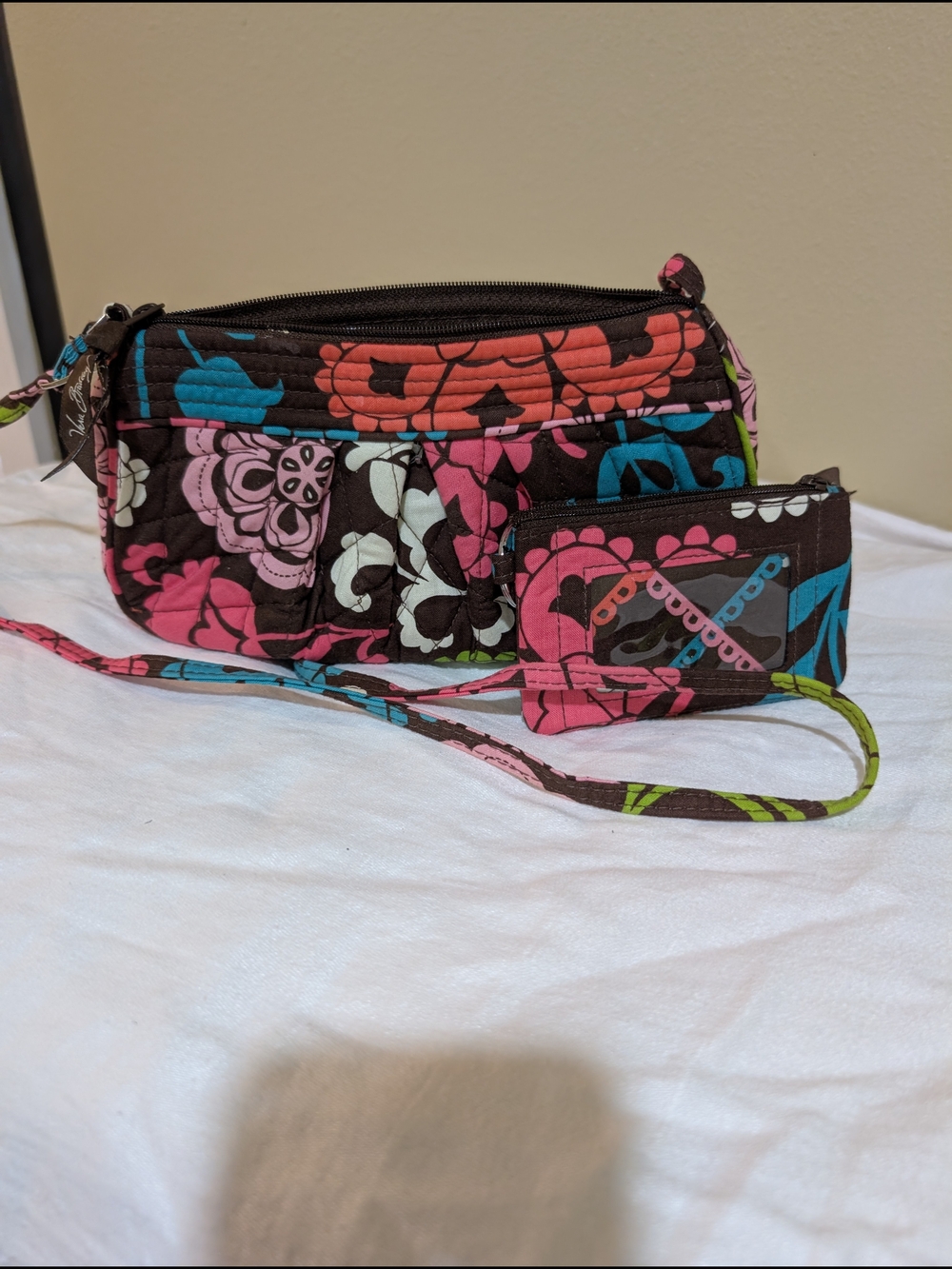 Vera Bradley Brown Quilted Crossbody with Pink, Blue & Green Floral Print